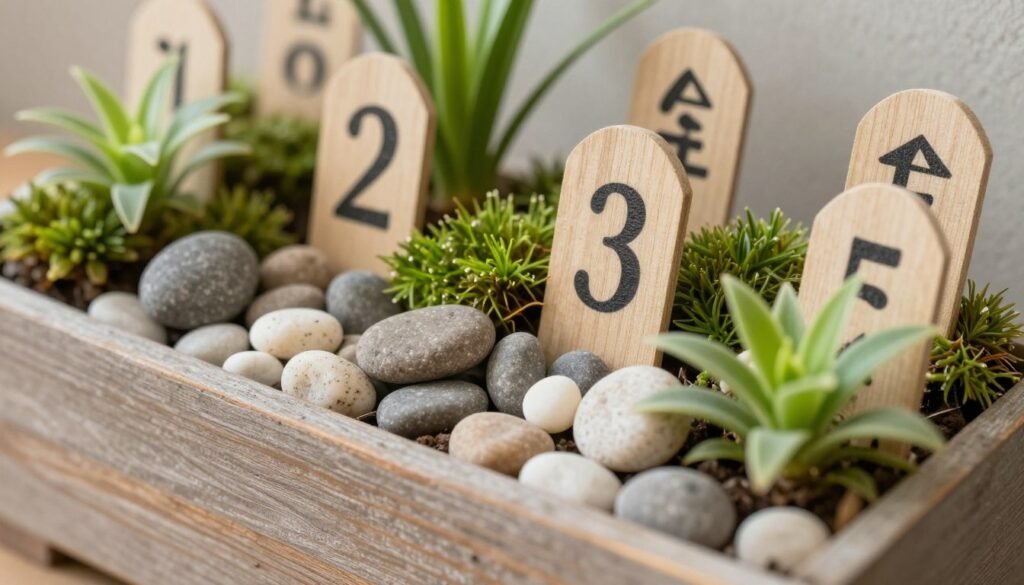 Close-up of decorative elements like pebbles, moss, and small ornaments arranged around plants in a DIY planter Close-up of decorative elements like pebbles, moss, and small ornaments arranged around plants in a DIY planter