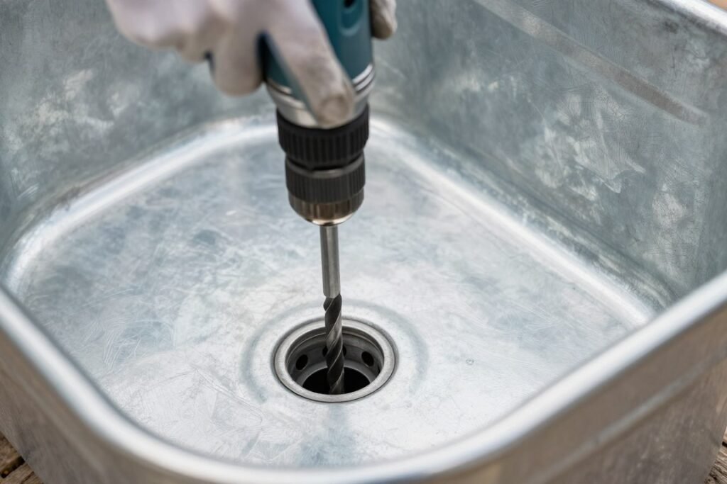 Close-up of drilling drainage holes in the bottom of a galvanized tub