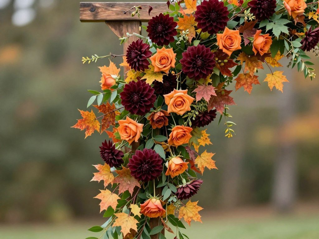 Close-up of fall wedding arch with detailed floral and foliage arrangement Close-up of fall wedding arch with detailed floral and foliage arrangement