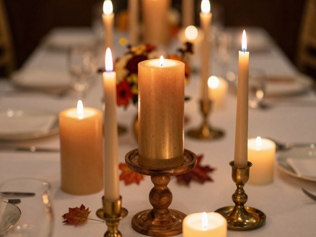 Close-up of fall wedding table with multiple candles creating warm light Close-up of fall wedding table with multiple candles creating warm light