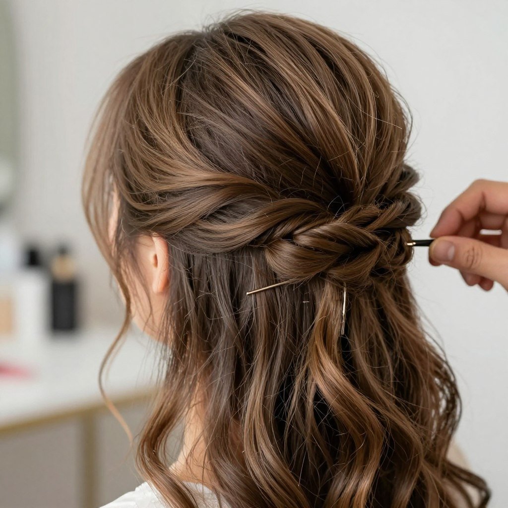 Close up of half-up hairstyle showing volume technique for bridesmaids
