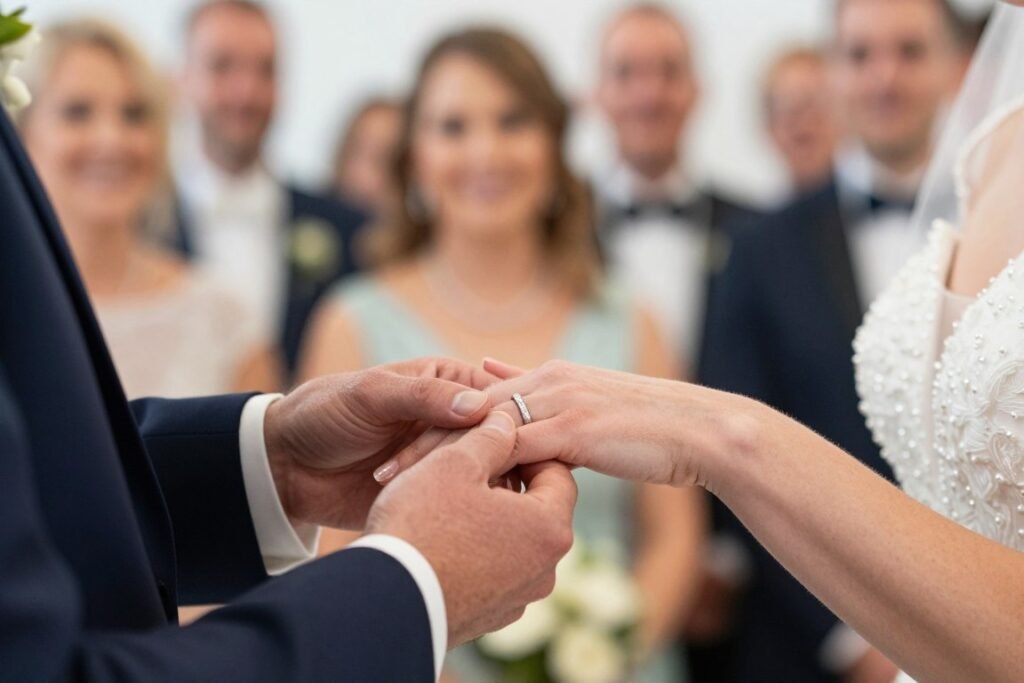 Close-up of hands exchanging wedding rings during ceremony