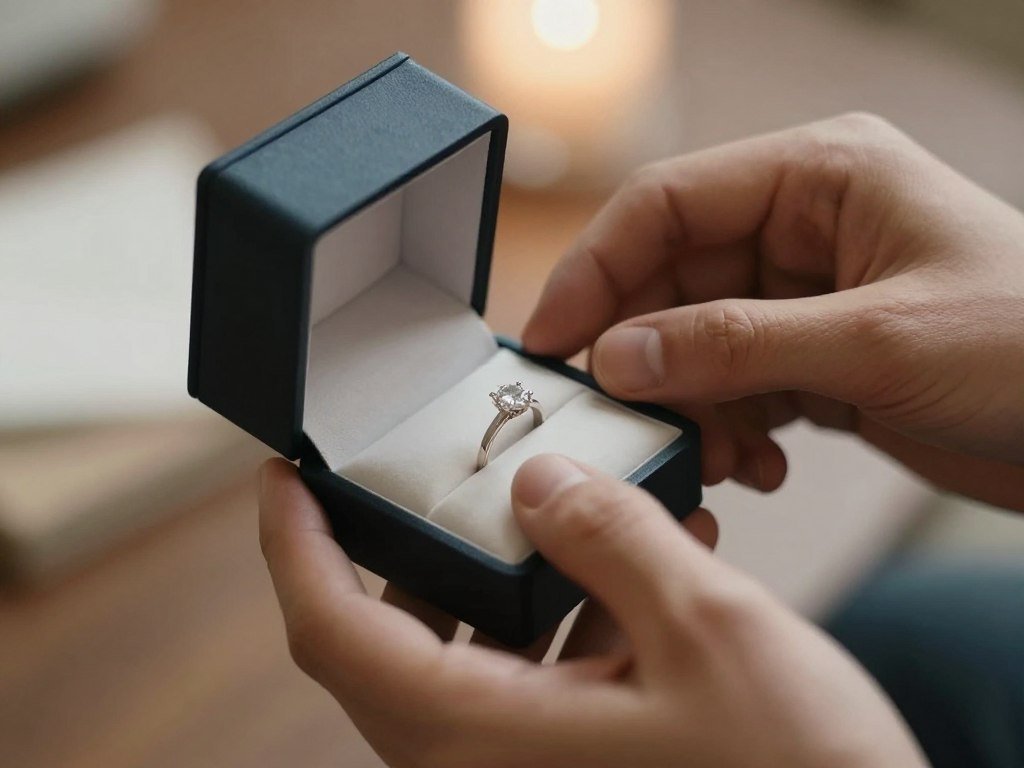 Close-up of hands holding an engagement ring box in an intimate setting Close-up of hands holding an engagement ring box in an intimate setting