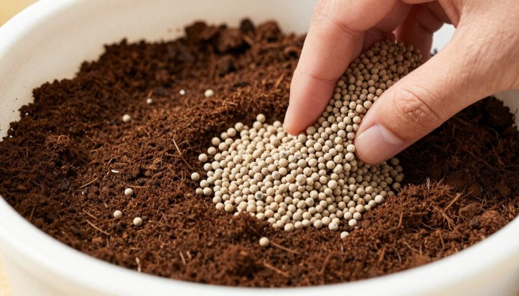 Close-up of high-quality potting mix and slow-release fertilizer being added to a planter Close-up of high-quality potting mix and slow-release fertilizer being added to a planter
