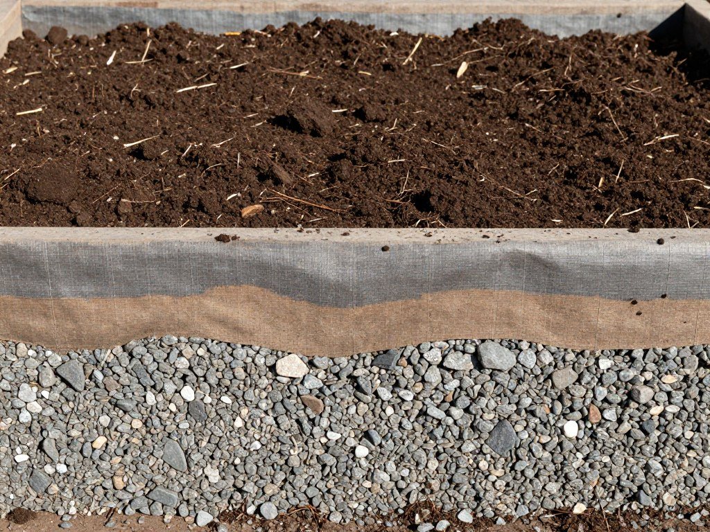 Close-up of layered soil preparation in a planter box showing drainage materials and soil Close-up of layered soil preparation in a planter box showing drainage materials and soil