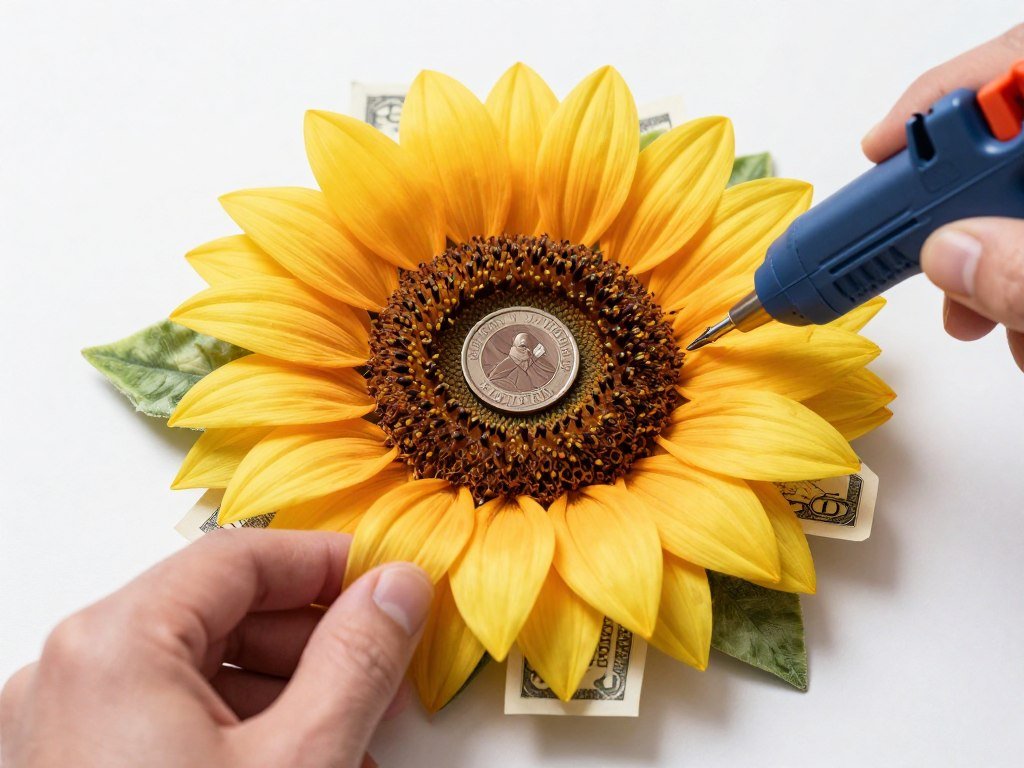 Close-up of money sunflower construction technique