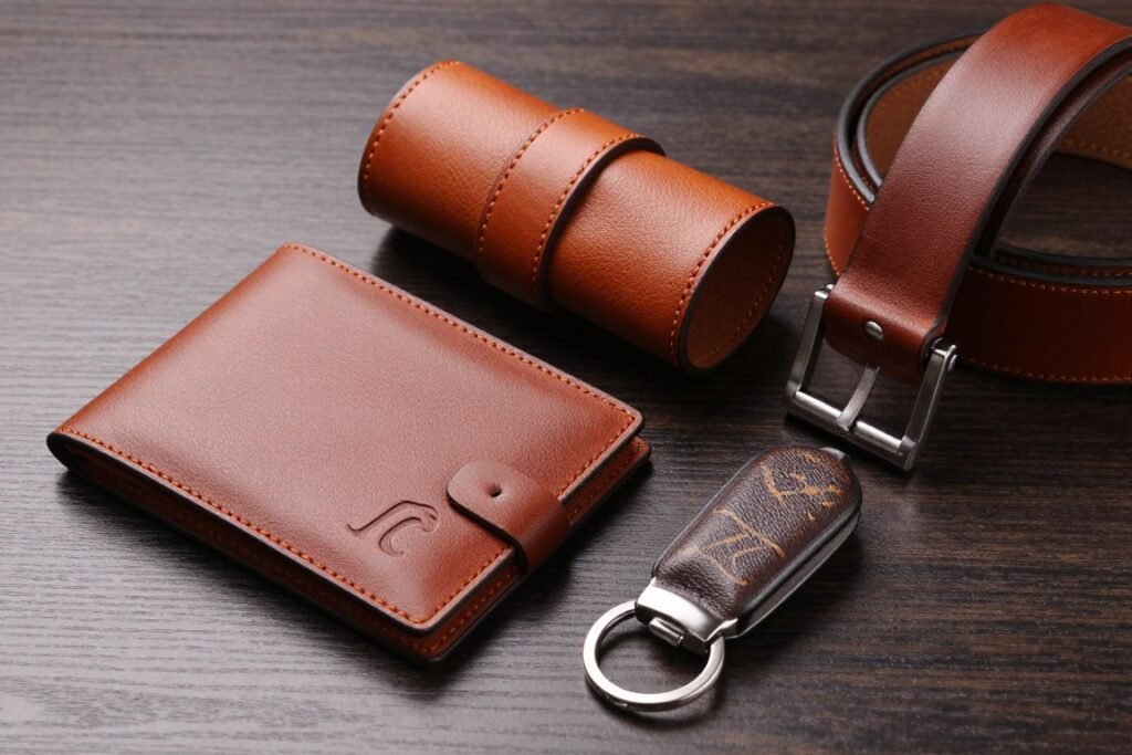 Close-up of premium leather goods and accessories for groomsmen