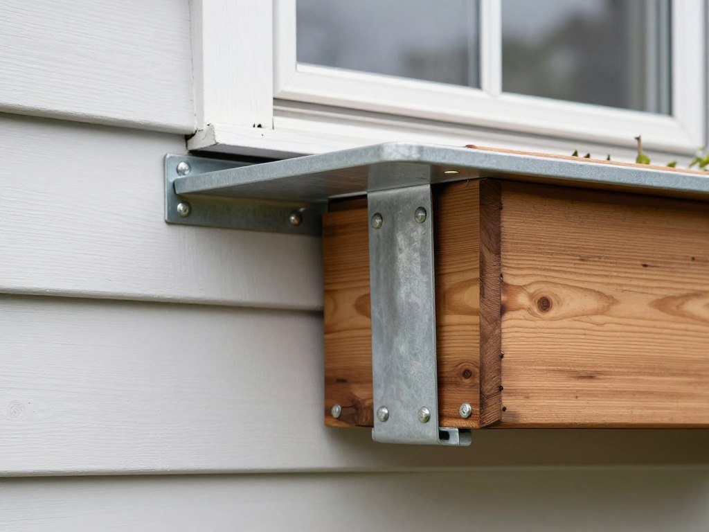 Close-up of properly installed window box brackets supporting a wooden planter Close-up of properly installed window box brackets supporting a wooden planter