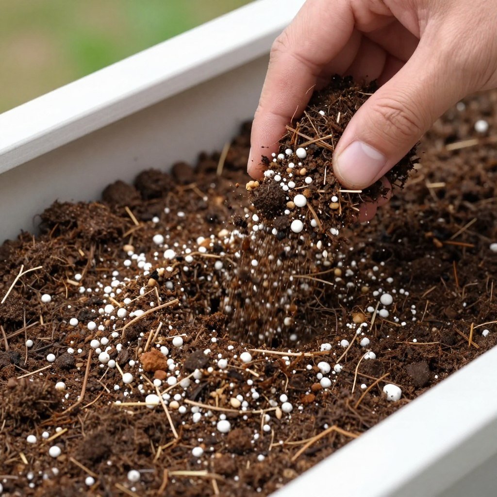 Close-up of quality potting mix being added to an outdoor wall planter