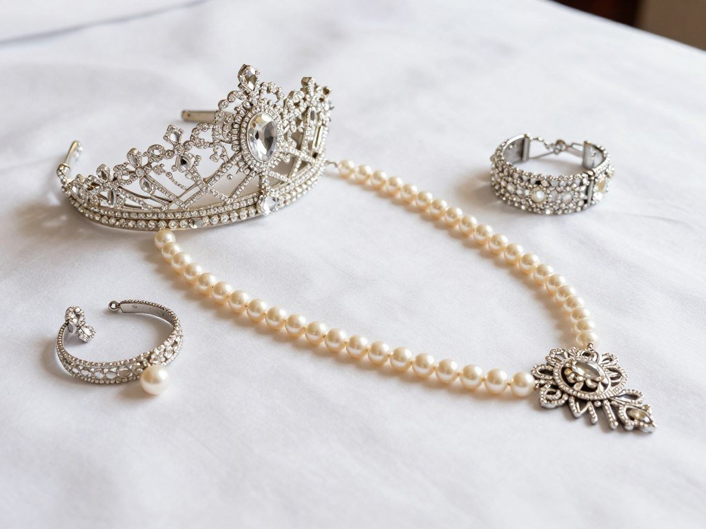 Close-up of quinceañera accessories including tiara and jewelry