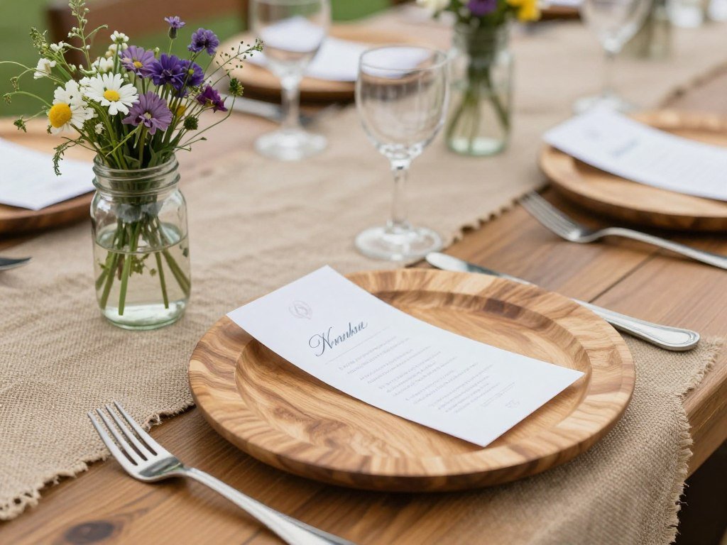 Close-up of rustic wedding table decor featuring wooden elements, burlap, and wildflowers