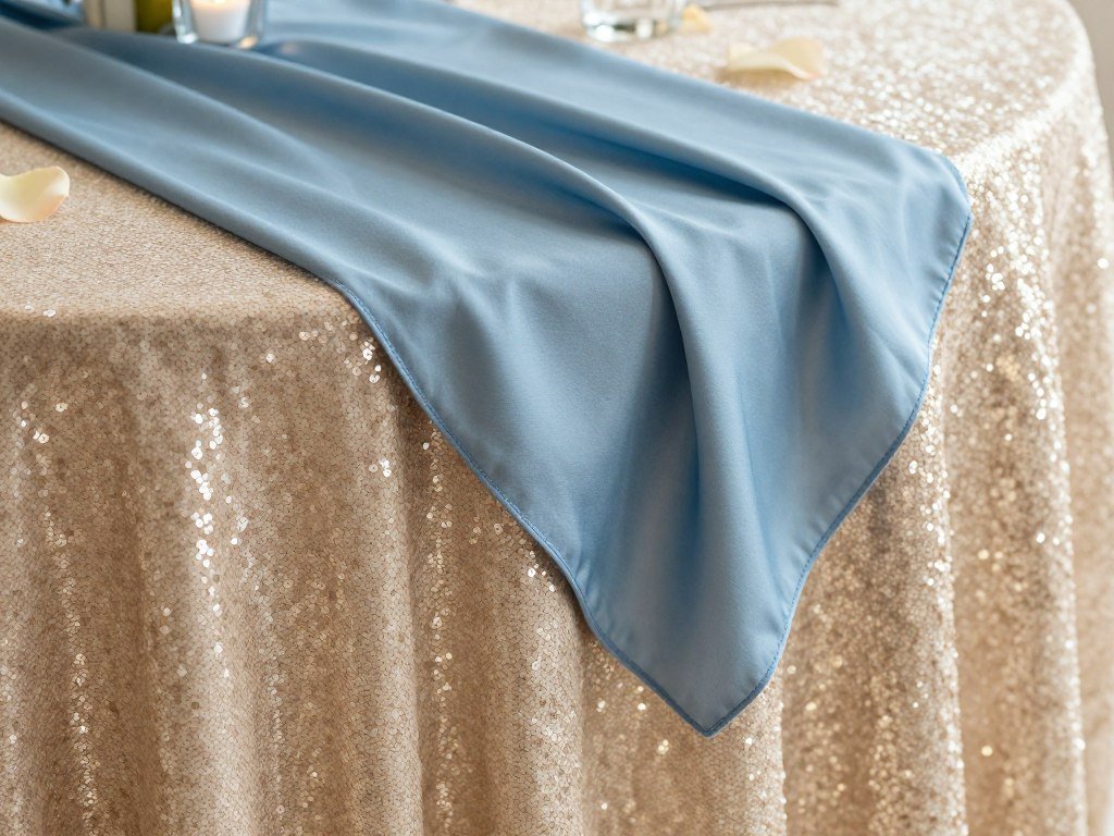 Close-up of sweetheart table linens showing layered textures with sequin tablecloth and silk runner Close-up of sweetheart table linens showing layered textures with sequin tablecloth and silk runner