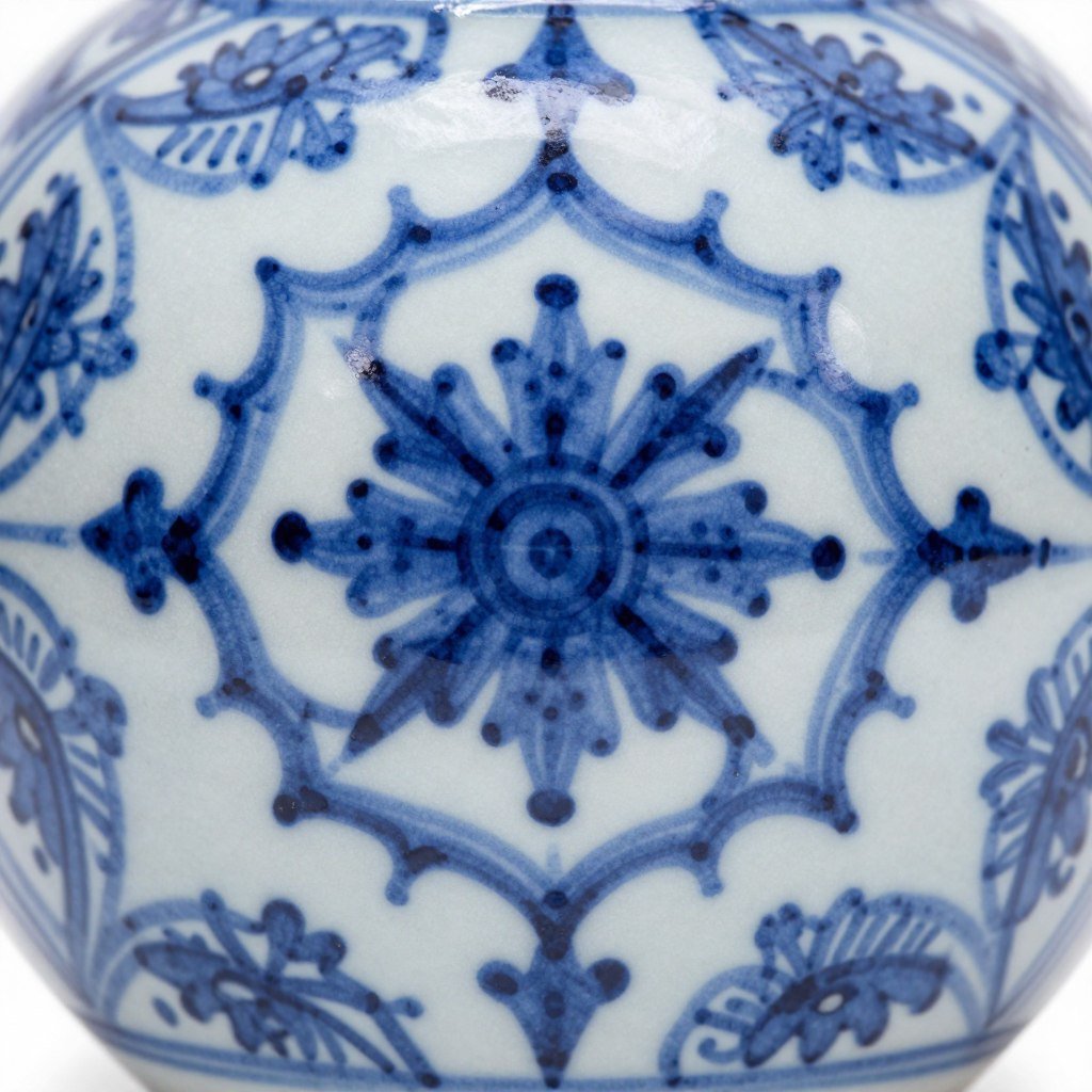 Close-up of traditional blue and white Talavera pattern showing intricate floral designs Close-up of traditional blue and white Talavera pattern showing intricate floral designs