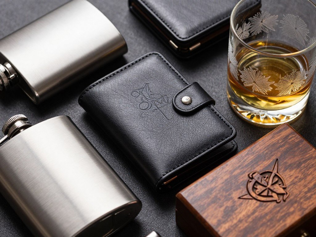 Close-up of various engraving and monogramming techniques on groomsmen gifts