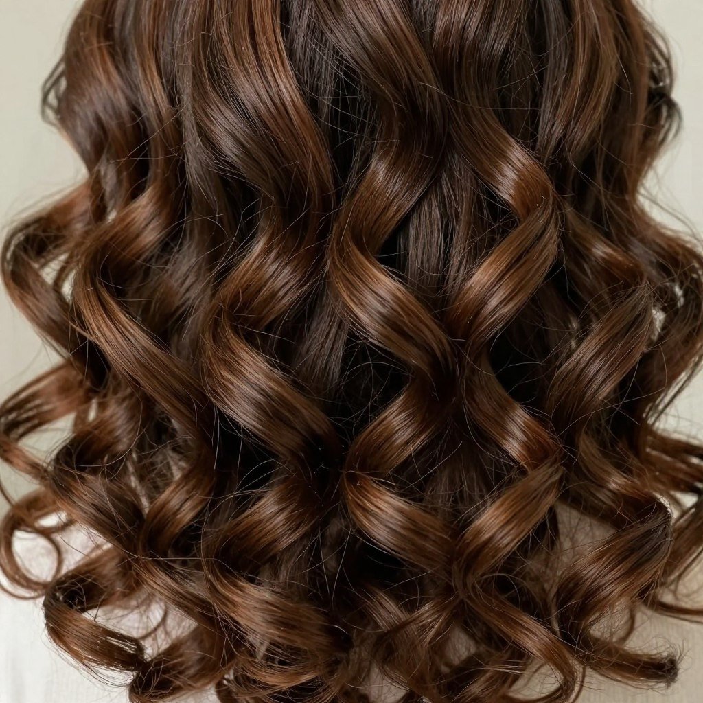 Close-up of voluminous curl formation showing bounce and shine for bridesmaids