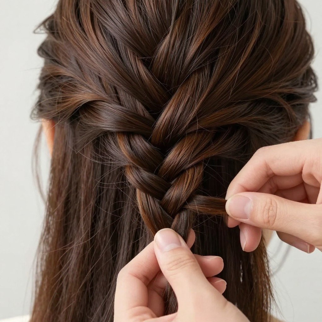 Close-up of waterfall braid technique showing strand placement for bridesmaids