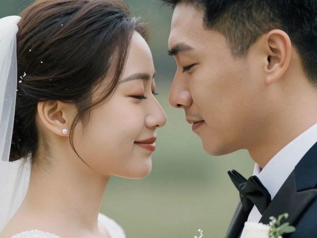 Close-up portrait of bride and groom faces nearly touching, sharing intimate moment