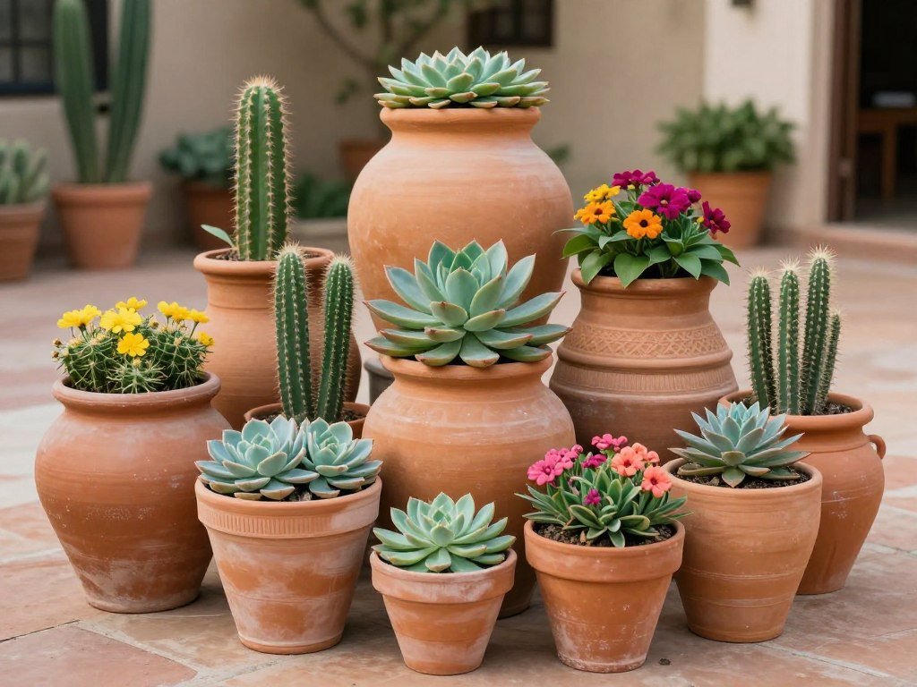 Clustered terracotta pots with succulents and flowers as hacienda wedding decor Clustered terracotta pots with succulents and flowers as hacienda wedding decor