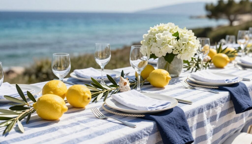 Coastal Mediterranean bridal shower with blue and white decorations and nautical elements