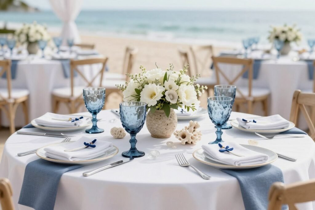 Coastal-themed rehearsal dinner with blue and white color scheme, nautical elements and beach-inspired details