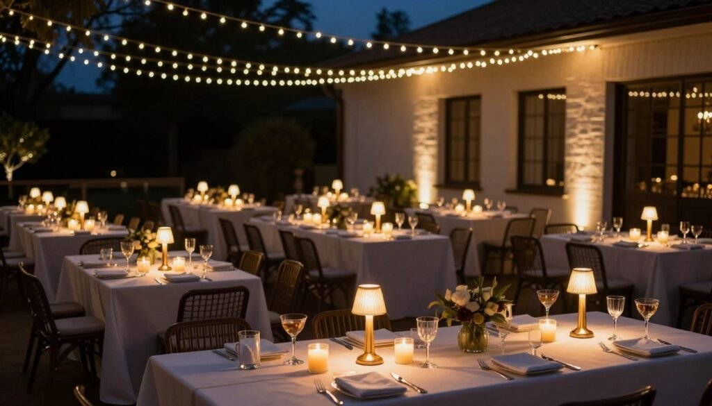 Cocktail hour tables illuminated with various lighting elements creating a magical atmosphere