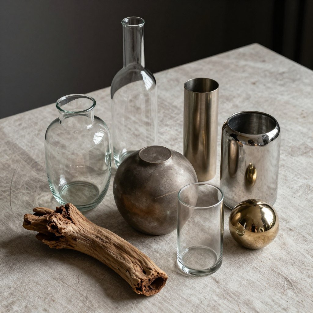 Cocktail table with various textures including glass, metal, and natural elements