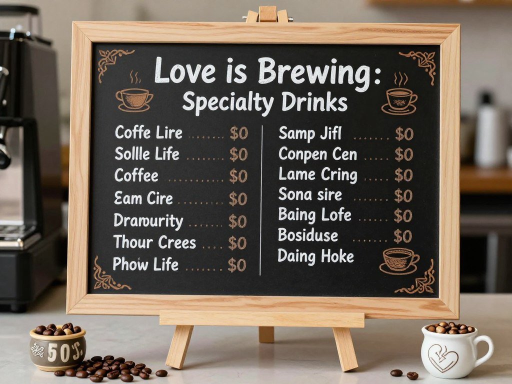 Coffee bar menu sign listing specialty drinks for love is brewing bridal shower