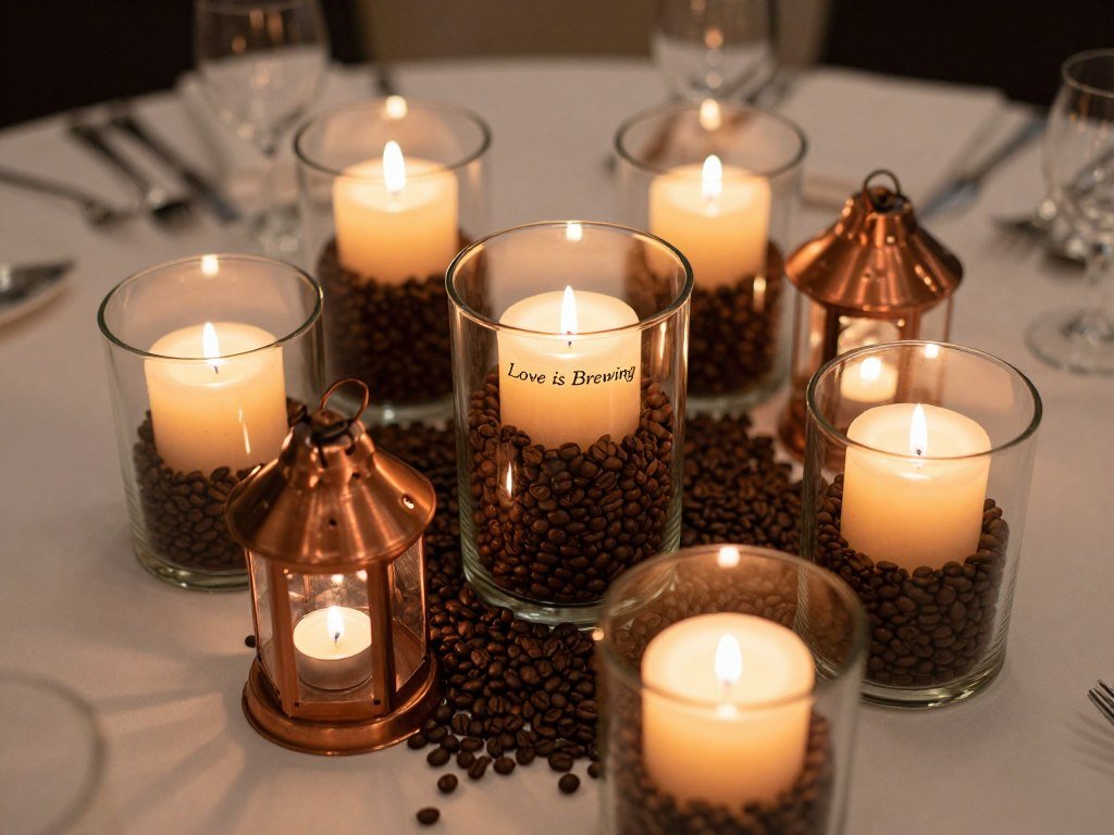 Coffee bean candle centerpieces and lanterns for love is brewing bridal shower