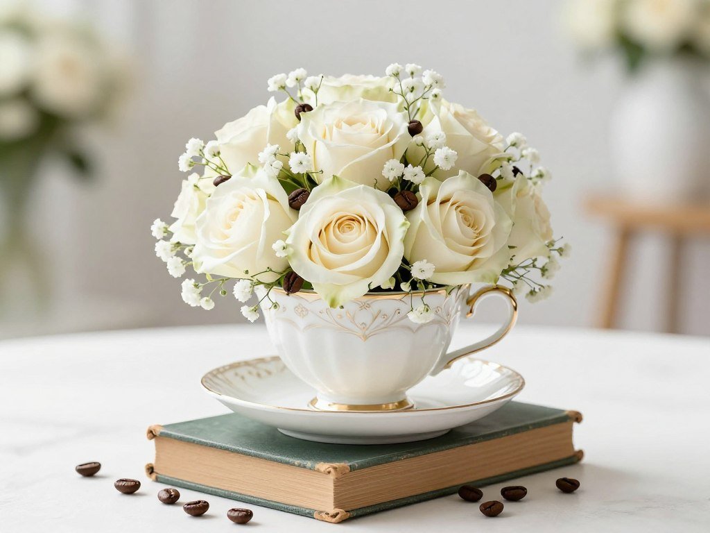 Coffee cup flower arrangements with roses and baby's breath for love is brewing bridal shower decor