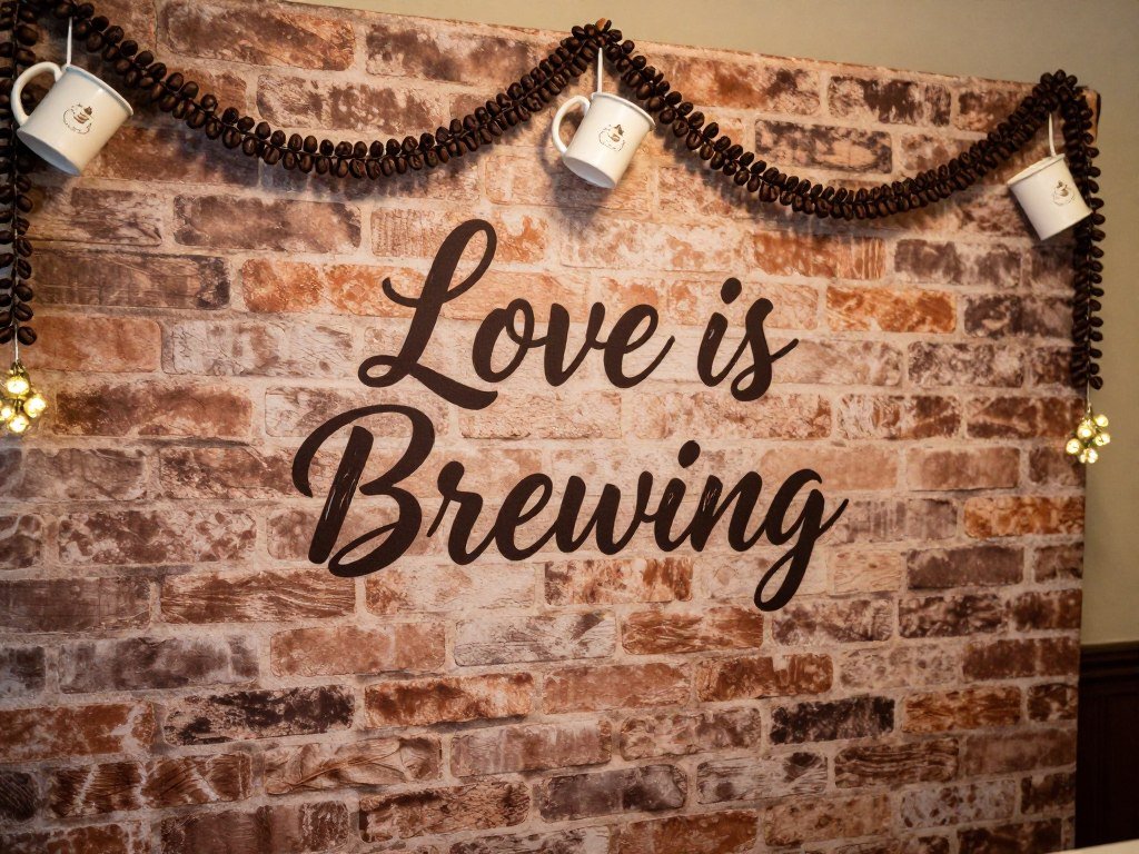 Coffee-themed backdrop with faux brick wall and love is brewing sign