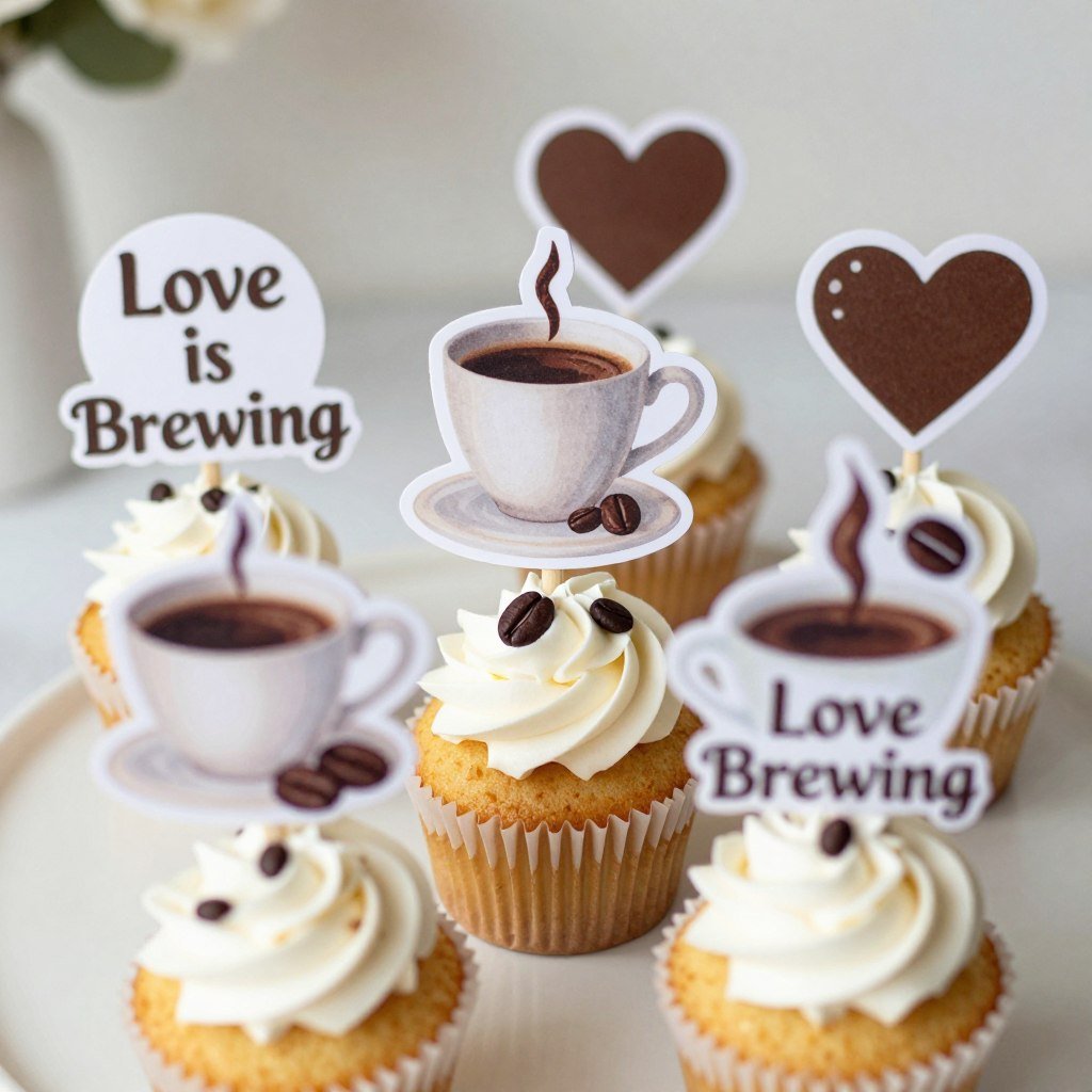 Coffee-themed cupcake toppers with cup illustrations for love is brewing bridal shower