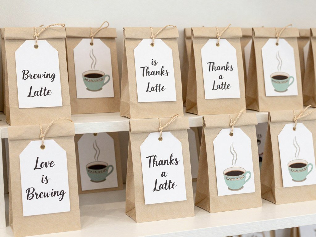 Coffee-themed favor tags and thank you cards for love is brewing bridal shower
