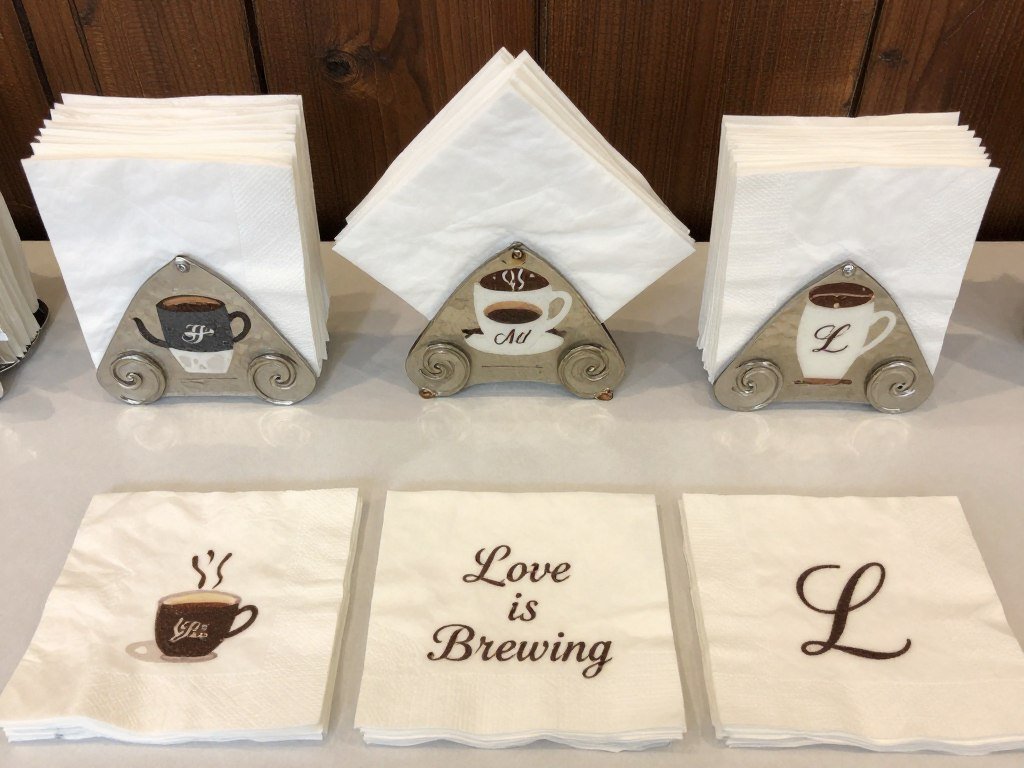 Coffee-themed napkins and cocktail napkins for love is brewing bridal shower