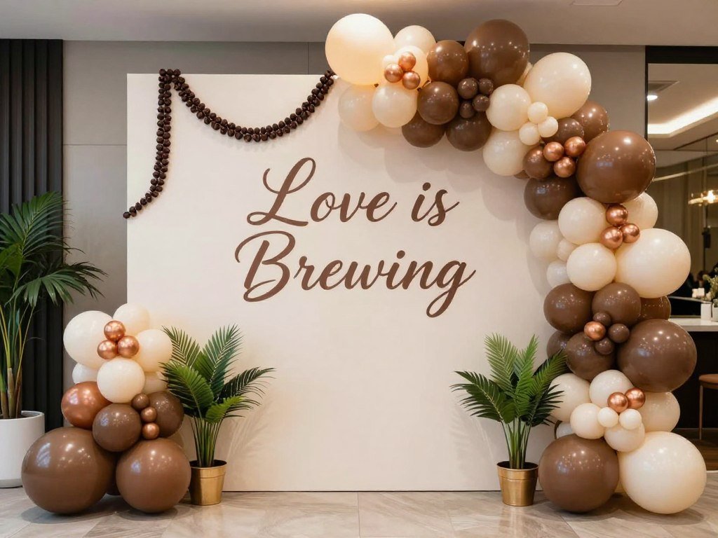Coffee-themed photo backdrop with balloon arch for love is brewing bridal shower