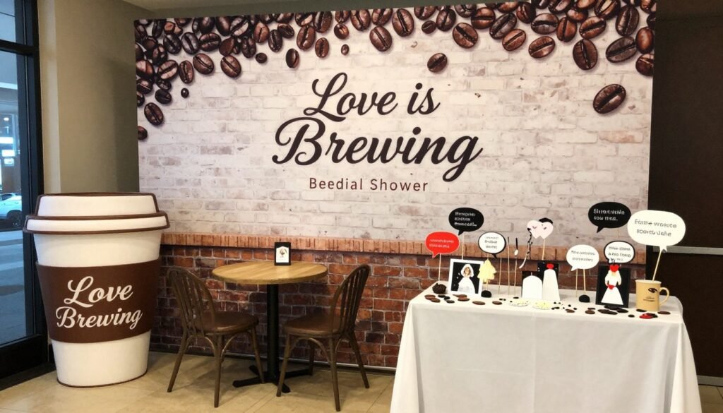 Coffee-themed photo booth with props and backdrop for love is brewing bridal shower