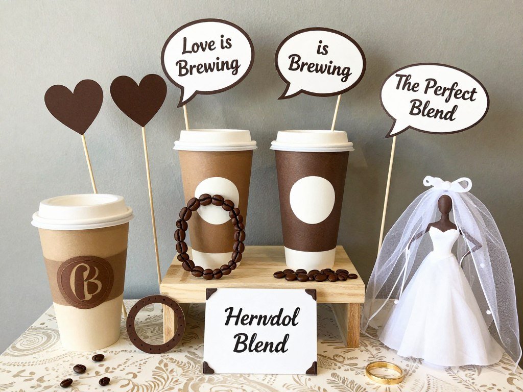 Coffee-themed photo props on display for love is brewing bridal shower