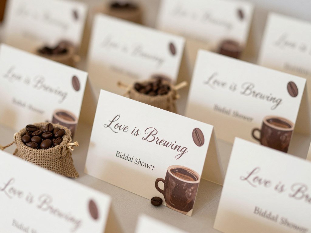 Coffee-themed place cards with coffee bean accents for love is brewing bridal shower