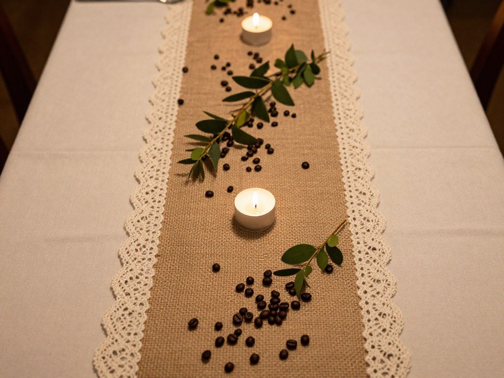 Coffee-themed table runner with burlap and lace for love is brewing bridal shower decor