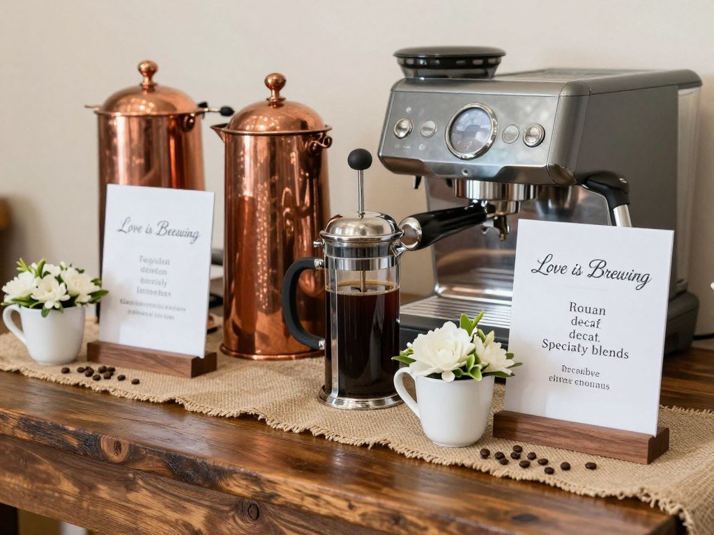 Coffee urns and equipment display for love is brewing bridal shower bar