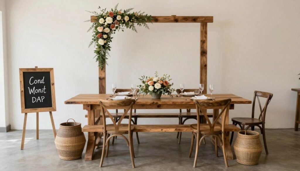 Cohesive rustic wedding decor showing consistent color palette and materials