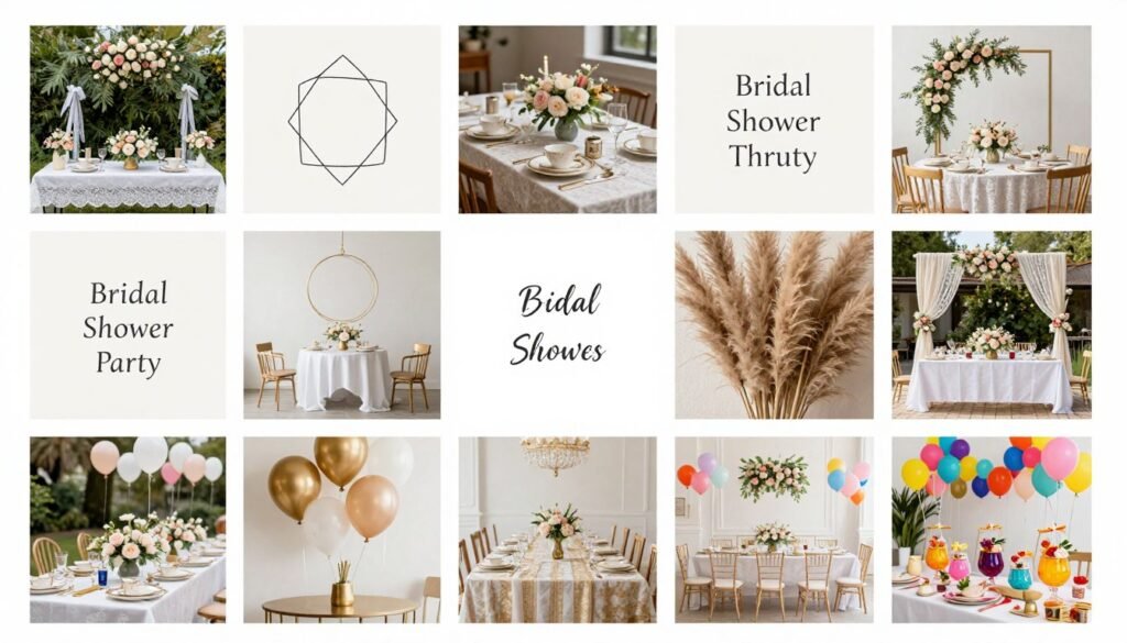 Collage inspiration board showing multiple bridal shower decoration themes from elegant to bohemian styles