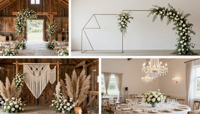 Collage of different wedding venue decoration styles including rustic, modern, bohemian, and classic elegant setups