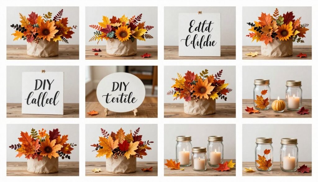 Collection of DIY fall wedding decor projects including centerpieces and signage Collection of DIY fall wedding decor projects including centerpieces and signage