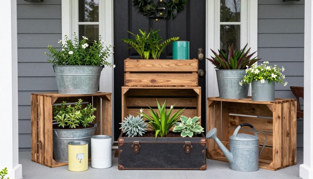 Collection of DIY front door planters made from repurposed items like wooden crates, galvanized buckets, and vintage finds