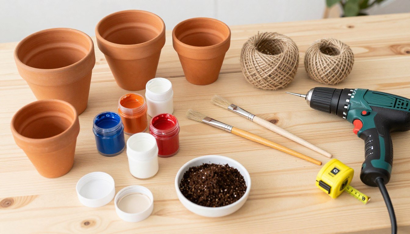 Collection of DIY planter materials including terracotta pots, paint, rope, and tools laid out on a workbench