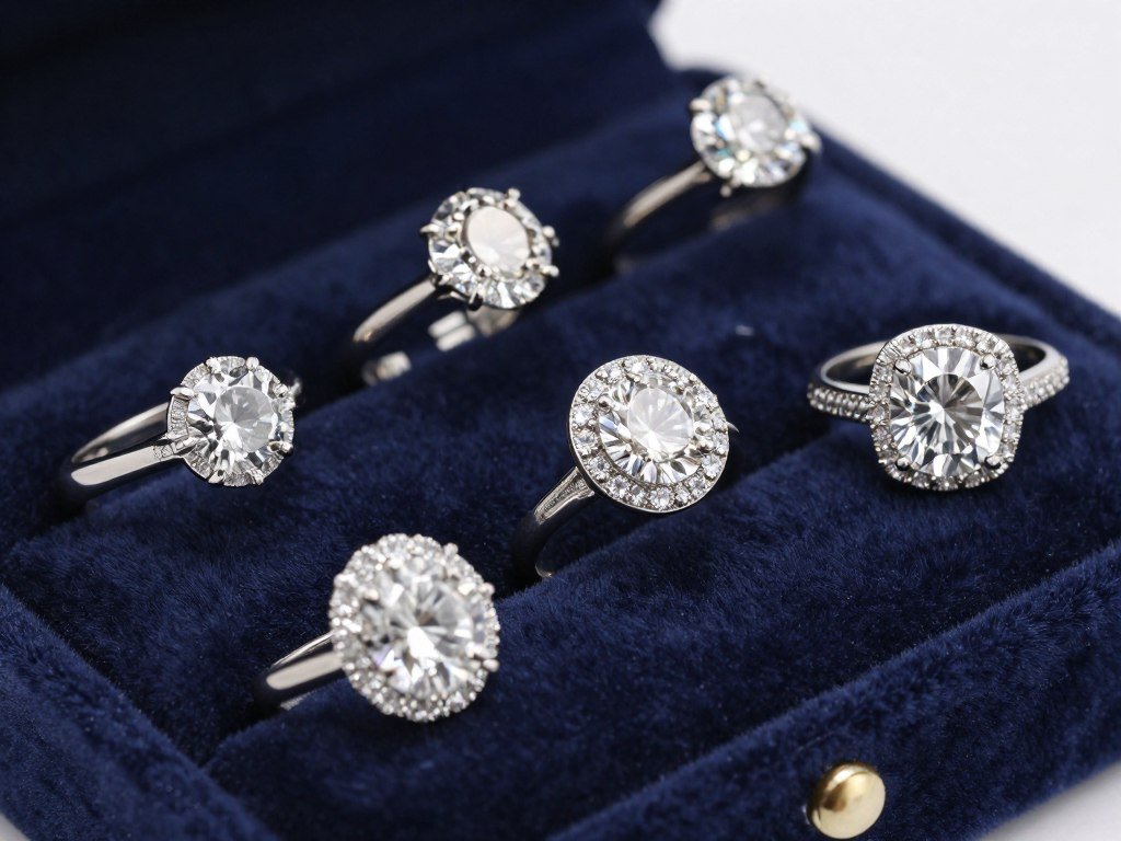 Collection of beautiful engagement rings displayed on elegant surface