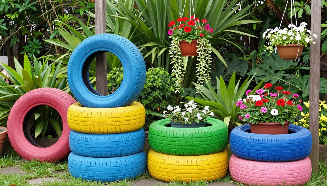 Collection of colorful tire planters arranged in a garden setting showing various designs including painted, stacked, and hanging tire planters