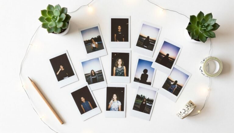 Collection of creative polaroid pictures displayed on a white wall with fairy lights and decorative elements