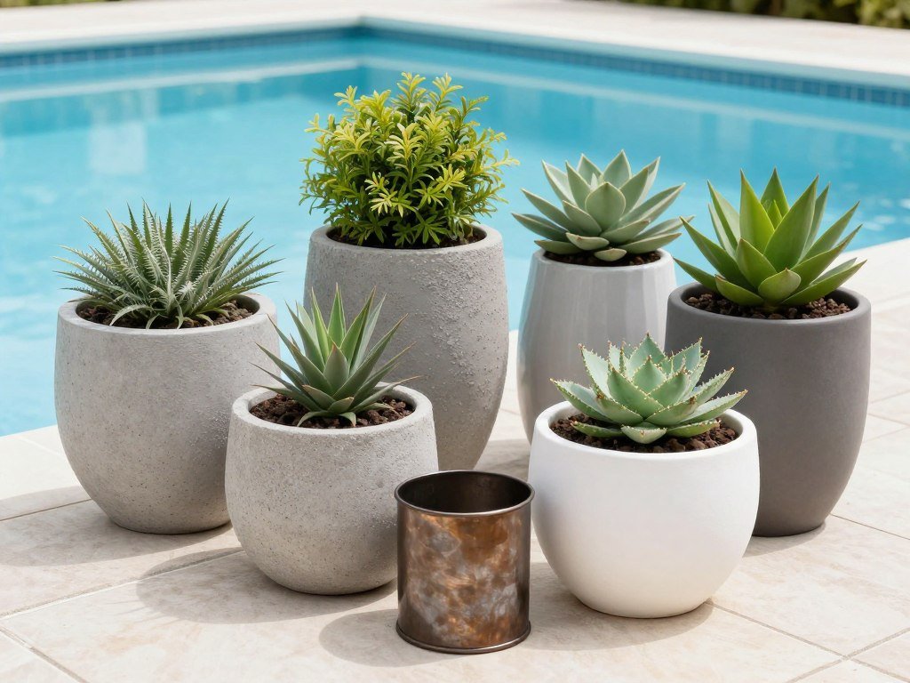 Collection of different planter materials displayed around a pool edge showing concrete, fiberglass, and ceramic options