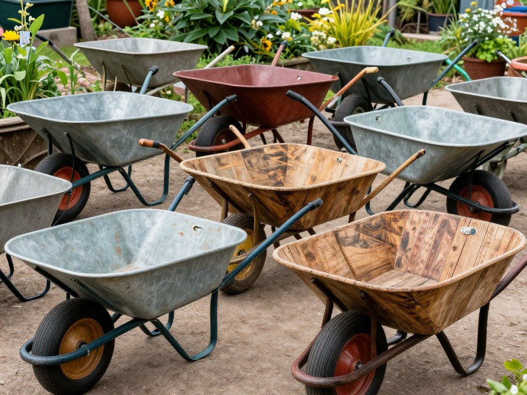 Collection of different wheelbarrow types suitable for planters including metal, wooden, and vintage styles in various conditions Collection of different wheelbarrow types suitable for planters including metal, wooden, and vintage styles in various conditions